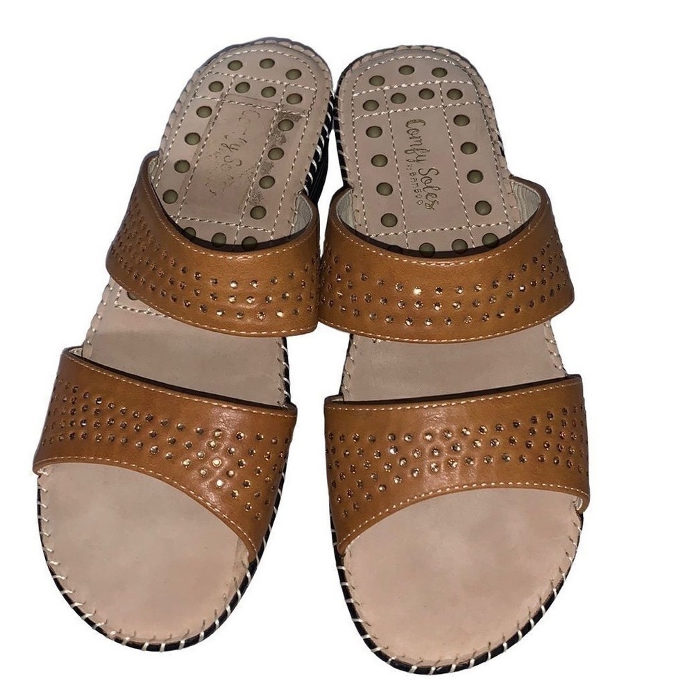 Comfy Soles by Bamboo APPEASE-01 Tan Brown Rhinestone Slide Sandals Womens 8.5